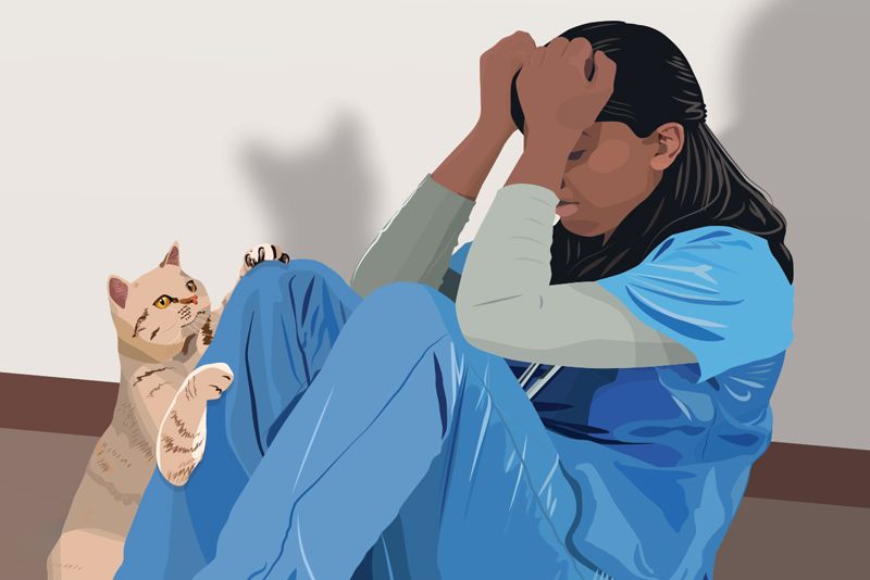 illustration of a depressed woman with a cat