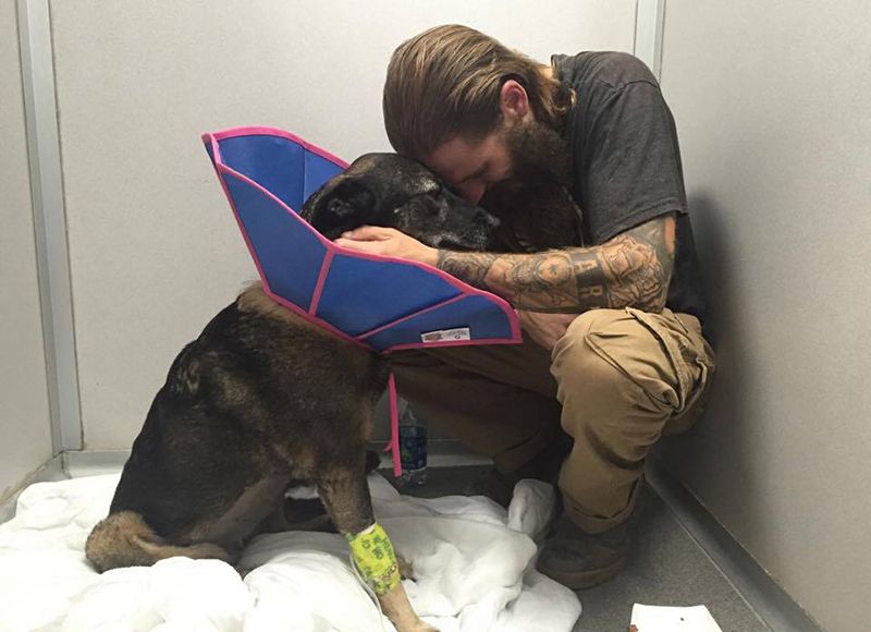 Man hugging a dog wearing a cone.