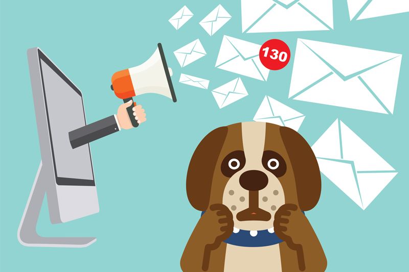 illustration of a panicked dog getting flooded by emails