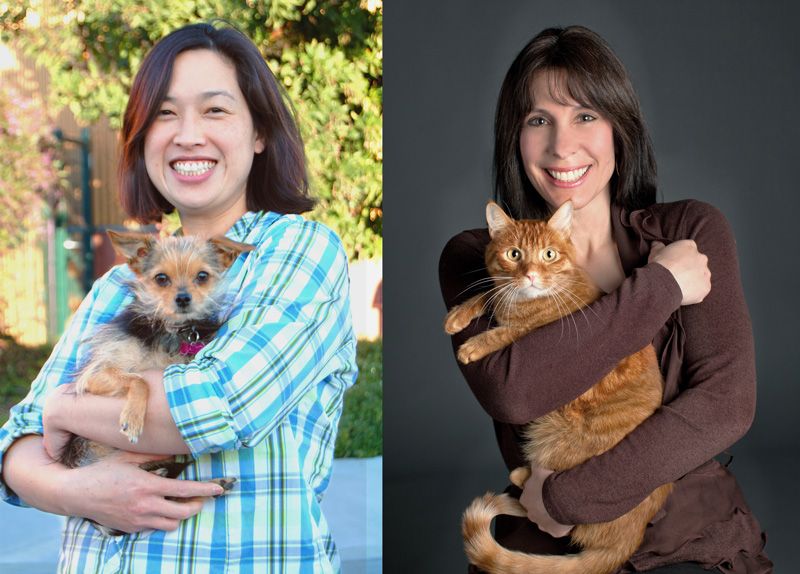 Photos of Cristie Kamiya holding a dog and Carol Novello holding a cat