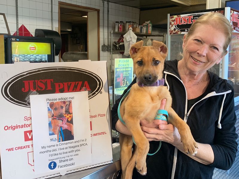 a woman holds a puppy in front of a pizzeria