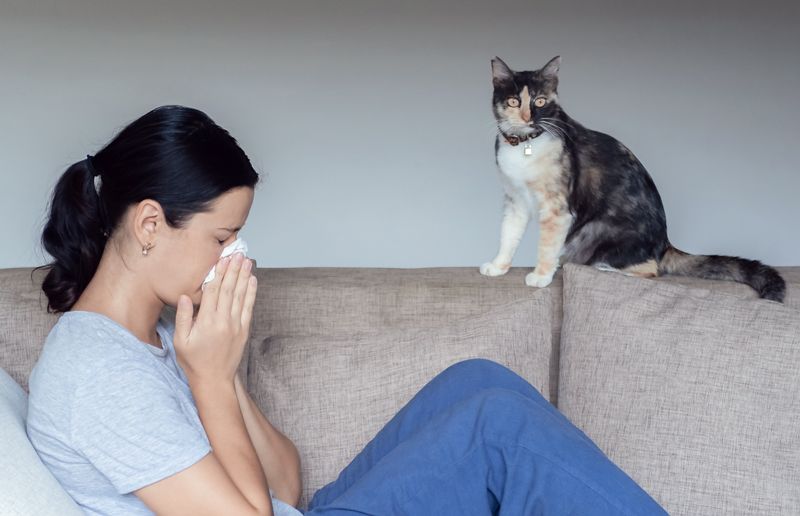 a woman sneezes into a tissue while her cat looks on