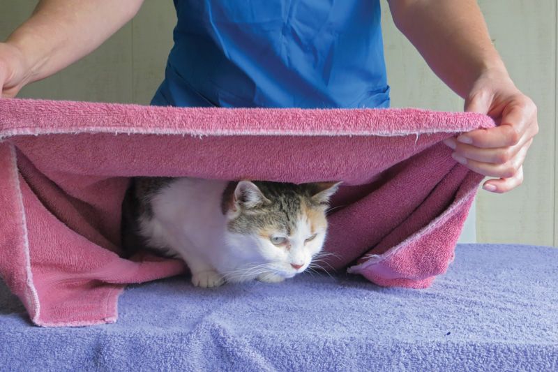 a person draping a towel over a cat