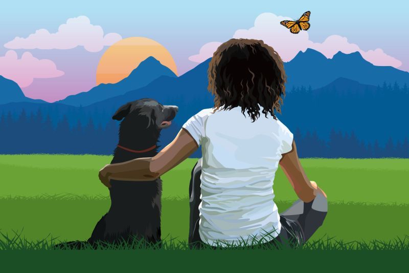 Illustration of a woman sitting in a beautiful meadow with a dog.