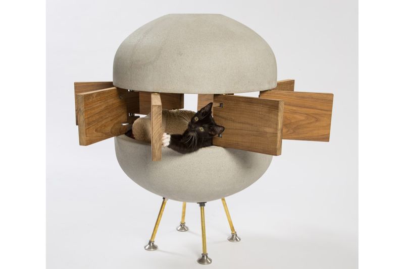 a cat leans out of a spherical structure whose middle is open and fitted with wooden slats