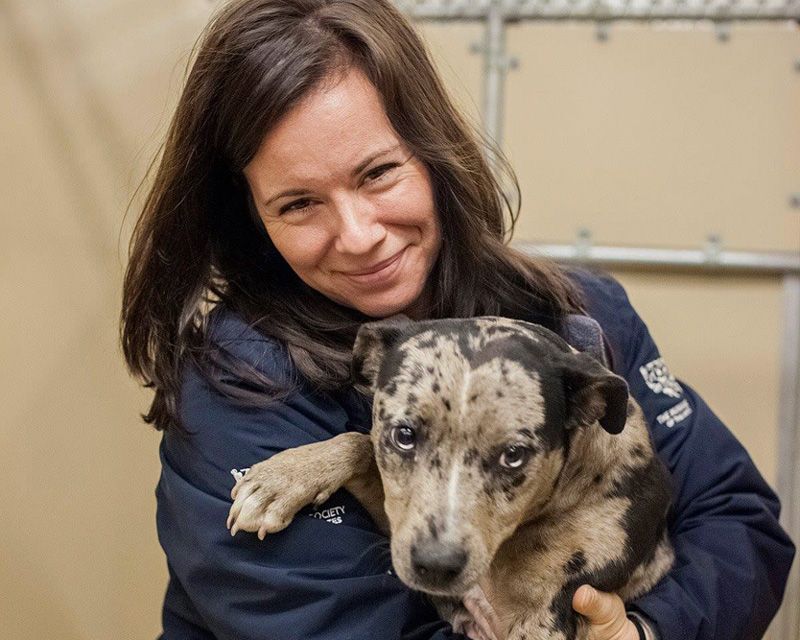 A woman holds a shelter dog