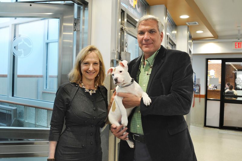 A woman stands next to a man holding a dog