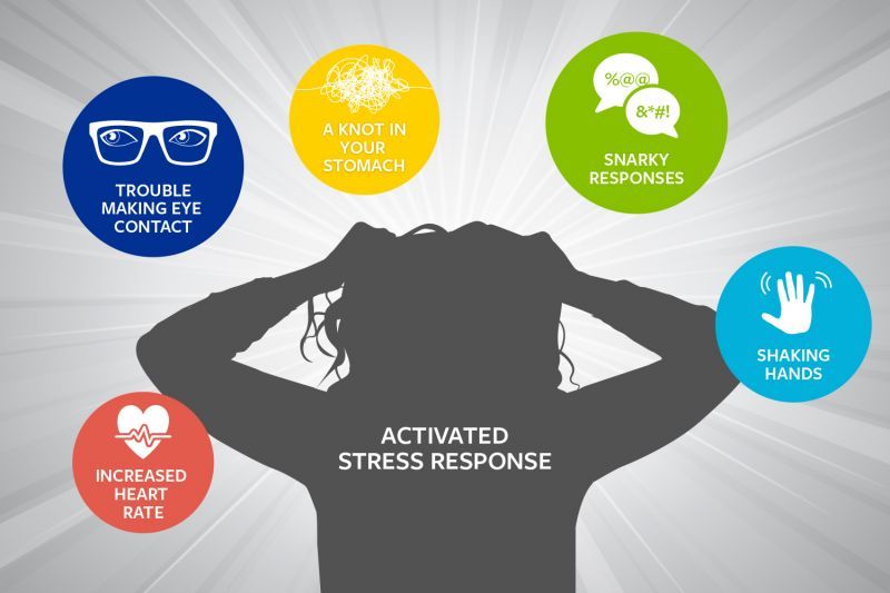 An illustration of a silhouette of a person showing possible activated stress responses, increased heart rate, trouble making eye contact, knot in stomach, snarky responses, shaking hands