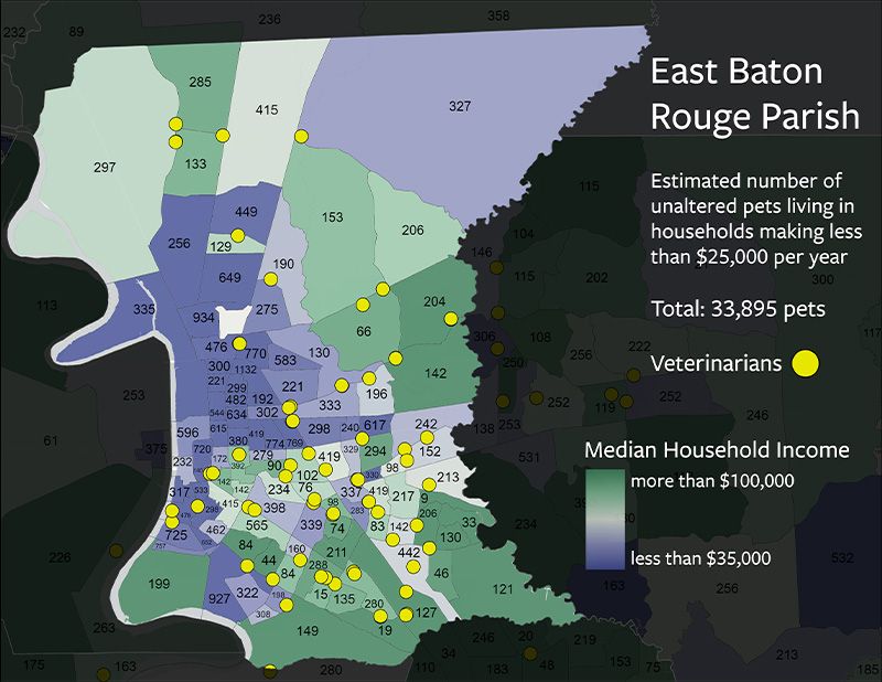 Map of east Baton Rouge Parish, showing the lack of resources in less affluent areas