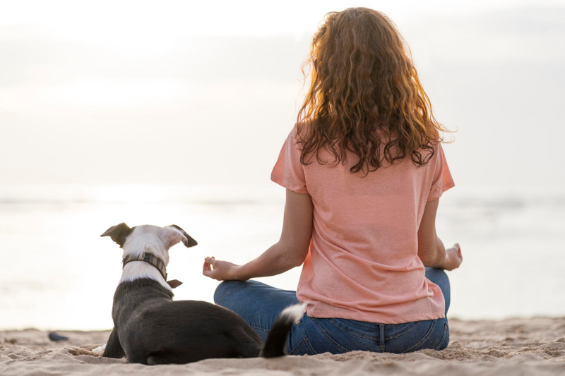a woman meditating on a beach beside her dog