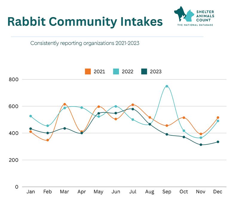 A line graph showing rabbit community intakes from 2021 - 2023.