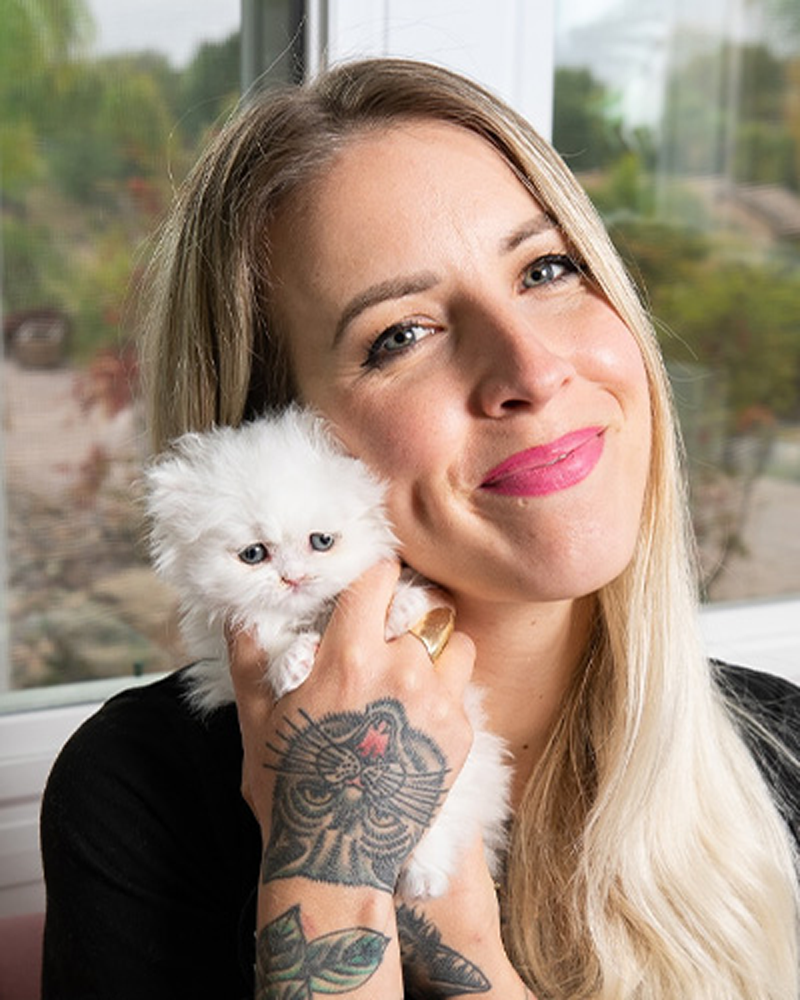 a woman holds up a tiny flat faced kitten