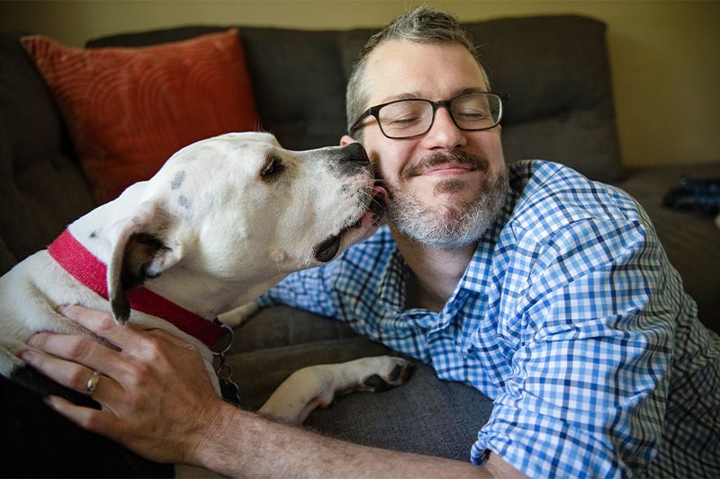 A dog licks a man's face while they snuggle on a couch. 