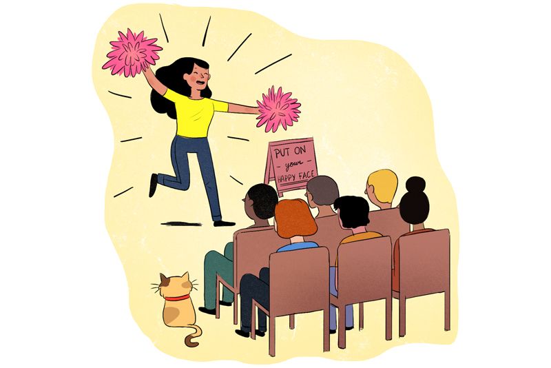 illustration of a woman cheering in front of an audience