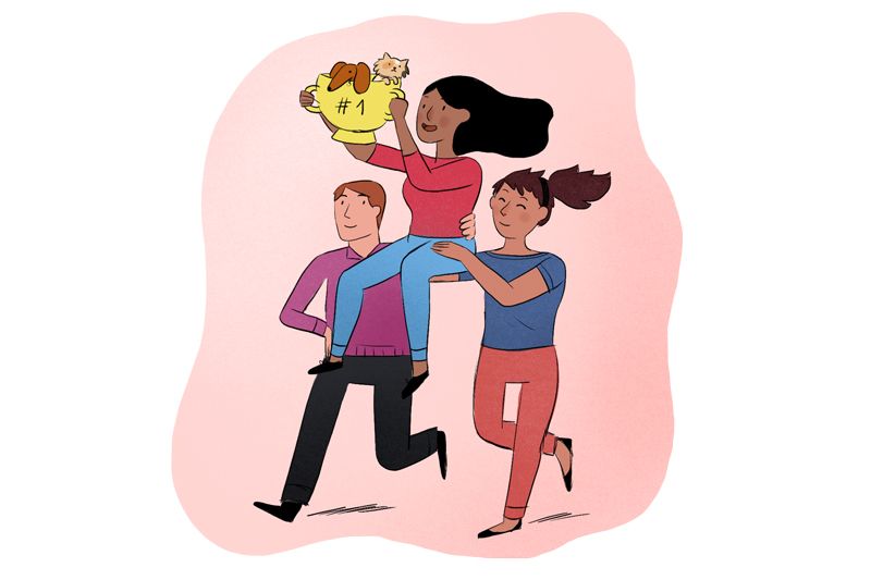 illustration of two people carrying a woman who is holding a trophy