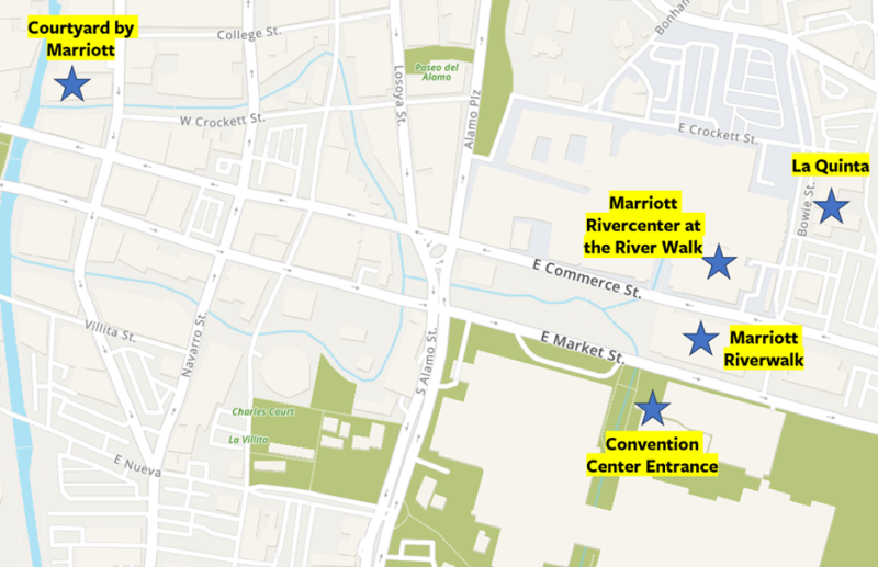 a map depicting the distance between hotels and the convention center