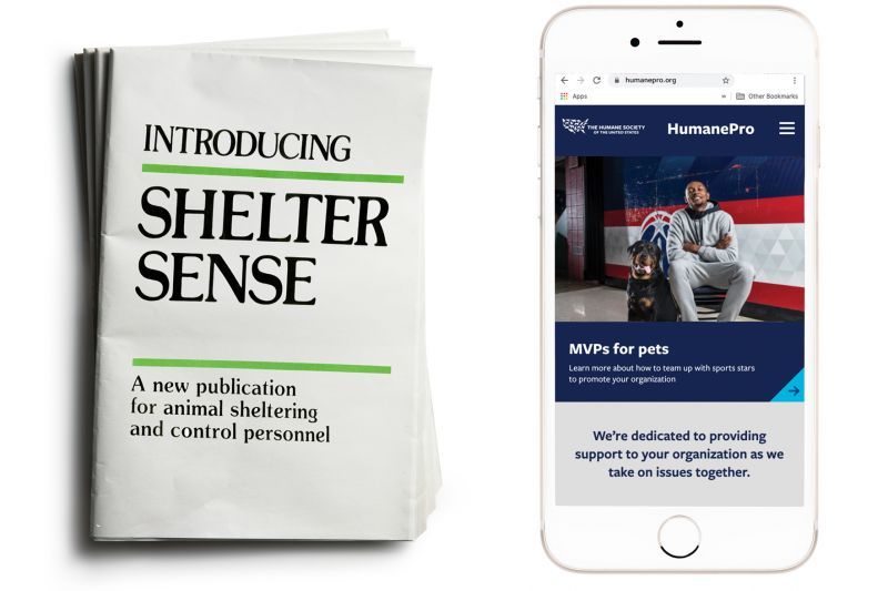 side by side of shelter sense magazine and humanepro.org on a phone