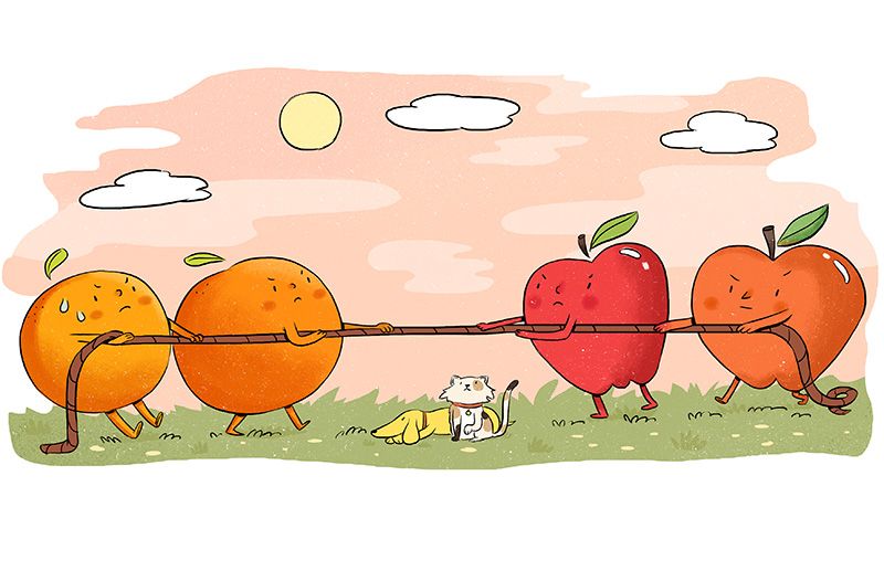 illustration of two apples and two oranges playing tug of war