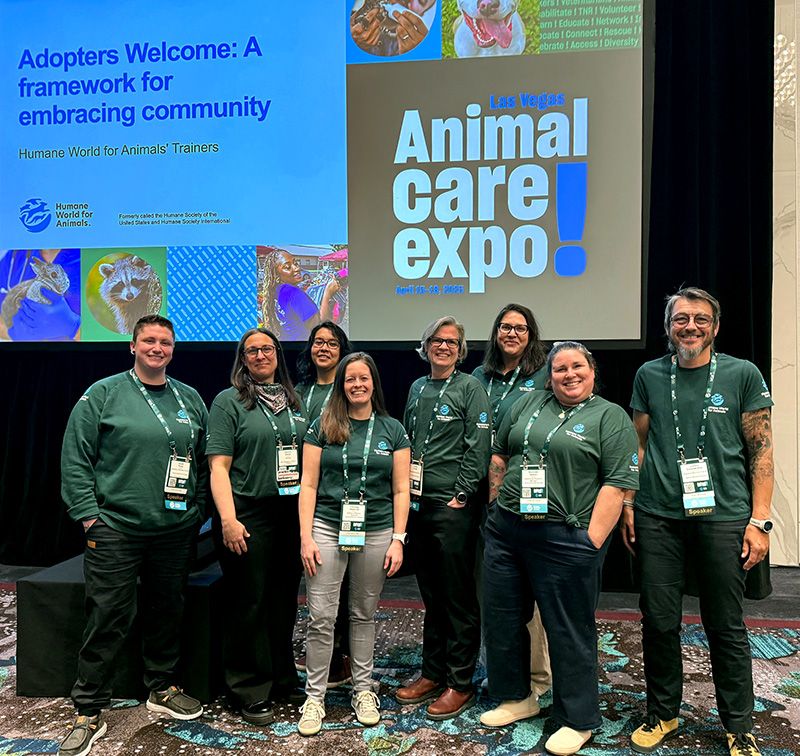 a group of people posing on stage with a presentation on the screen behind them