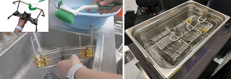 two photos of a person washing a rack and multiple racks in a tray