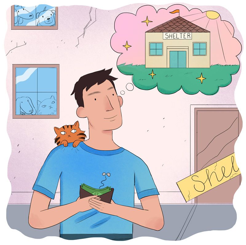 illustration of a man dreaming of an animal shelter