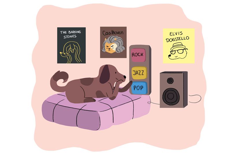 illustration of a dog listening to music