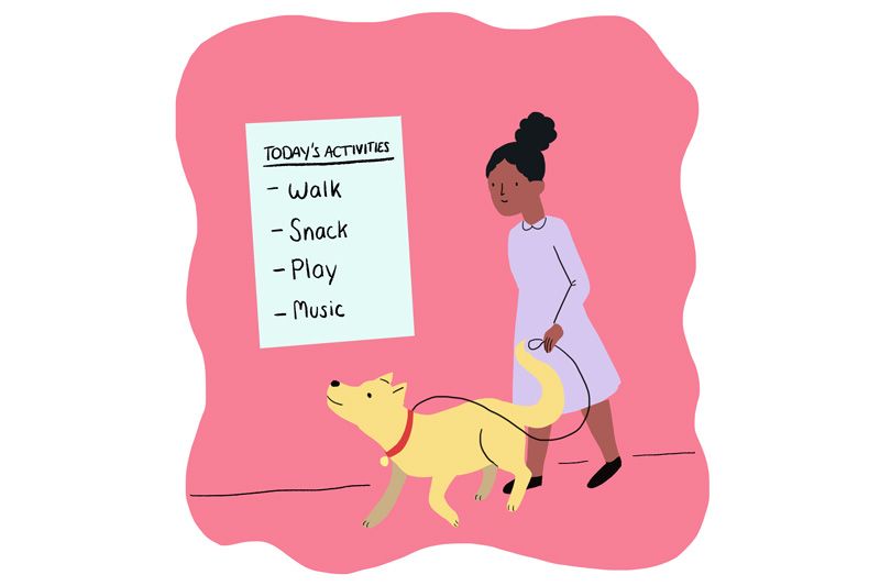 illustration of a woman walking her dog while looking at a to-do list