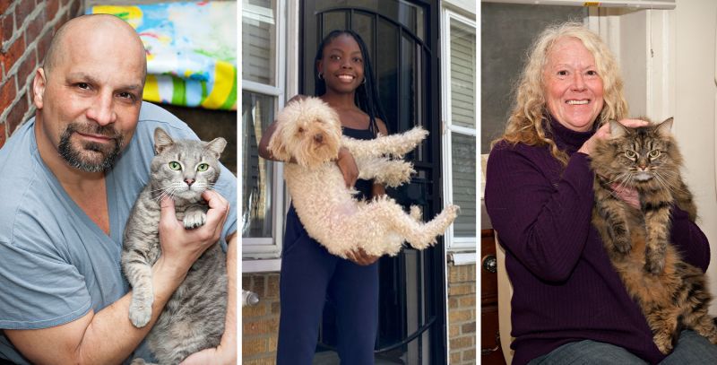 collage of a man with a cat, a girl with a dog, and and a woman with a cat