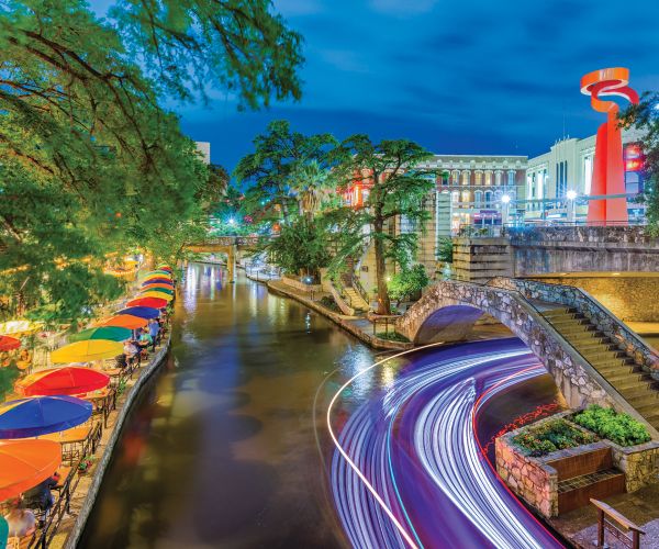 Time-lapsed photo of San Antonio's riverwalk