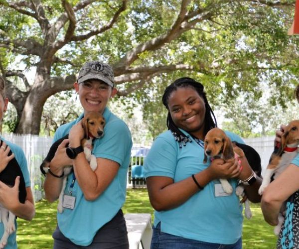 four women in matching shirts pose with puppies