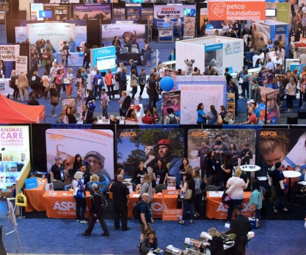 high level view of booths and crowds at animal care expo