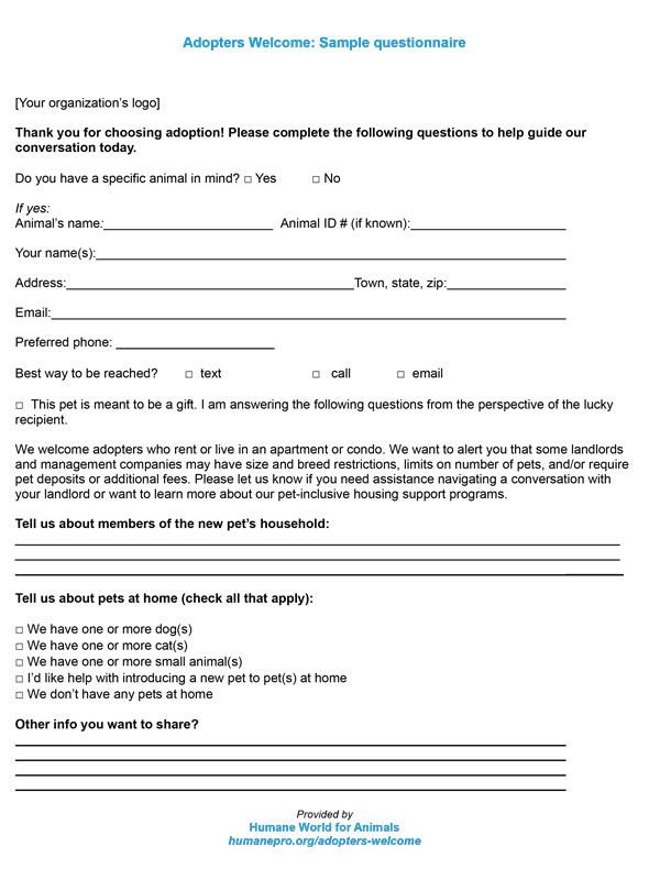 Adopters Welcome Sample Questionnaire