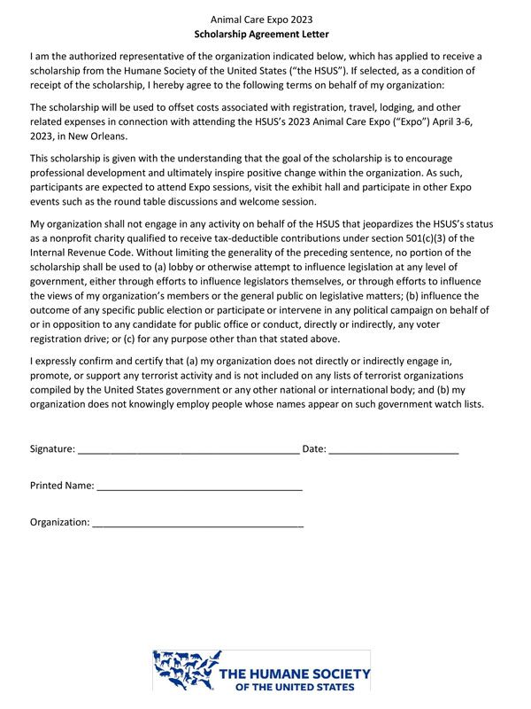 Animal Care Expo 2023 Scholarship Agreement Letter
