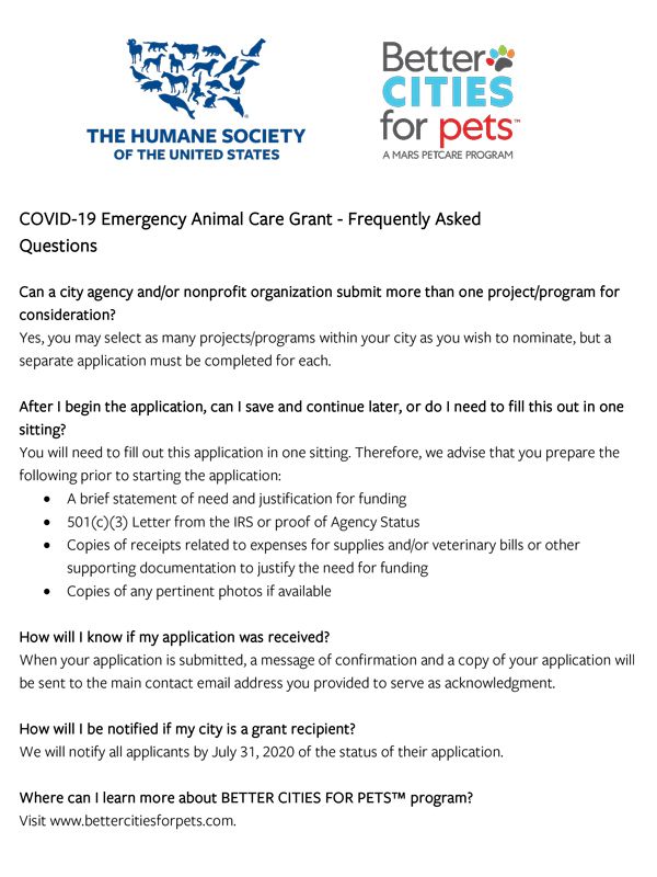 COVID-19 Emergency Animal Care Grant - Frequently Asked Questions