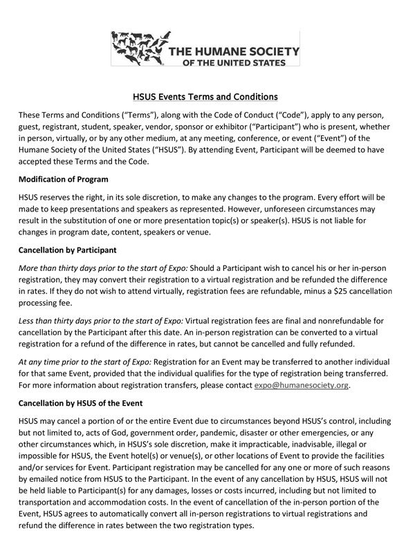 HSUS Events Terms and Conditions 2022