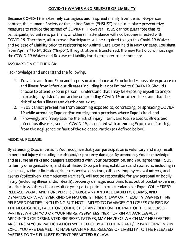 Animal Care Expo COVID Liability Waiver