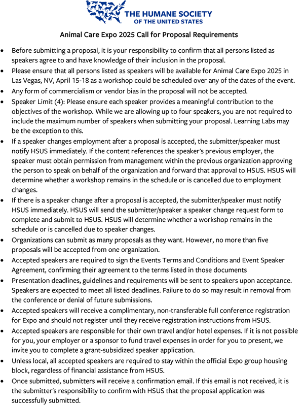 Animal Care Expo 2025 Call for Proposal Requirements