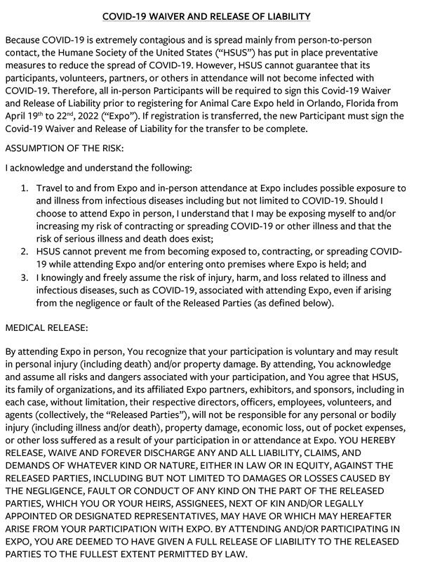 Animal Care Expo COVID Liability Waiver