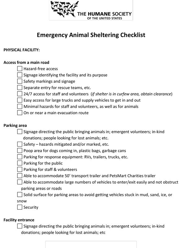 Emergency animal sheltering checklist