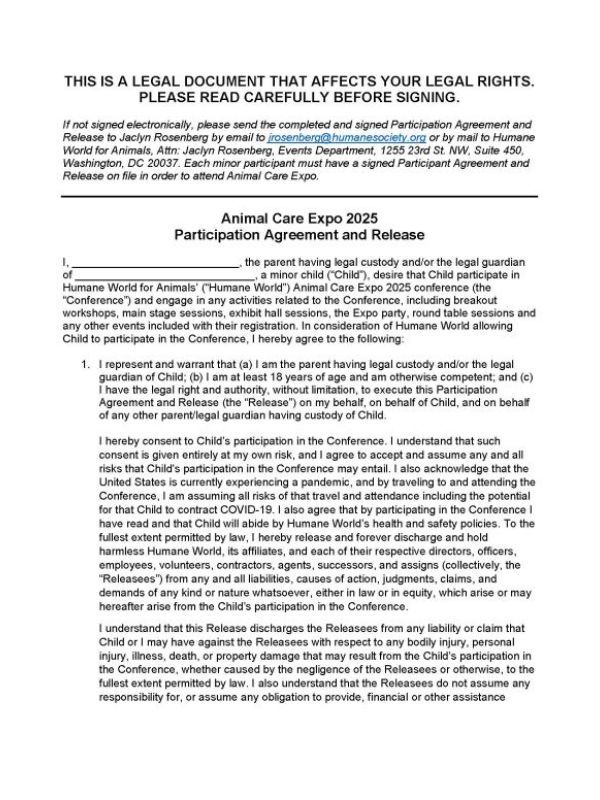 Animal Care Expo 2025 Minor Participation Agreement and Release