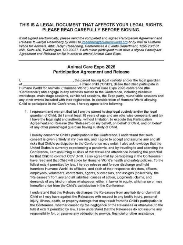 First page of minor participation form