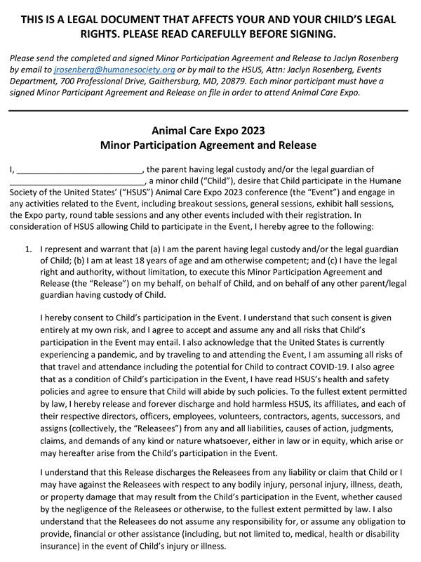 Animal Care Expo 2023 Minor Participation Agreement and Release