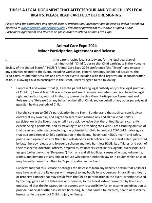 Animal Care Expo 2024 Minor Participation Agreement and Release