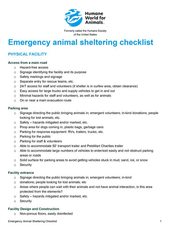 emergency animal sheltering checklist