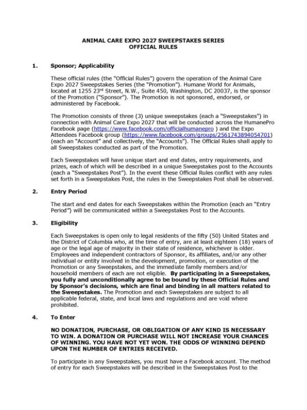 First page of sweepstakes rules