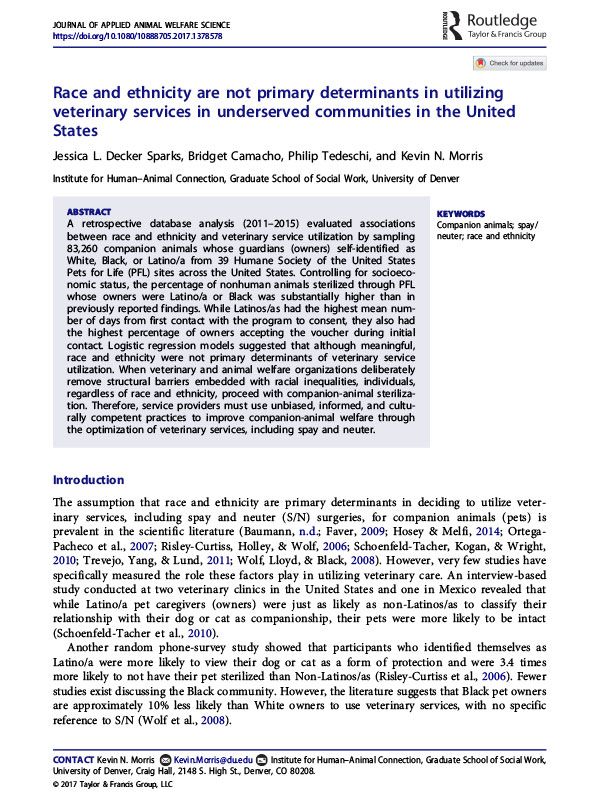 Race and ethnicity are not primary determinants in utilizing veterinary services in underserved communities in the United States