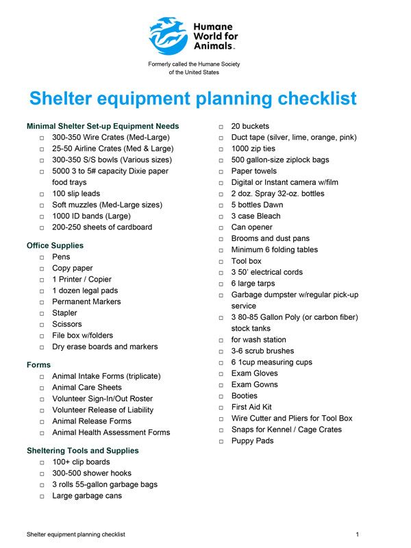 shelter equipment planning checklist