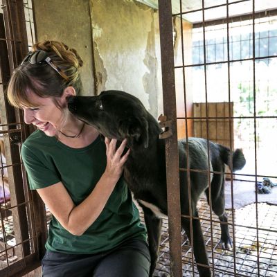 a woman smiles as a dog licks her face