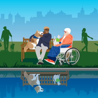 Illustration of two seniors sitting on a park bench with a dog and cat. In the reflection of the pond in front of them, only the dog and cat are there.