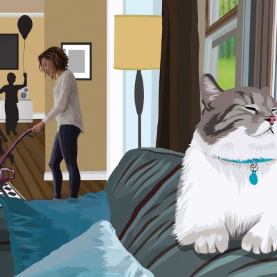 Illustration of a cat relaxing while a family plays and does chores behind it.
